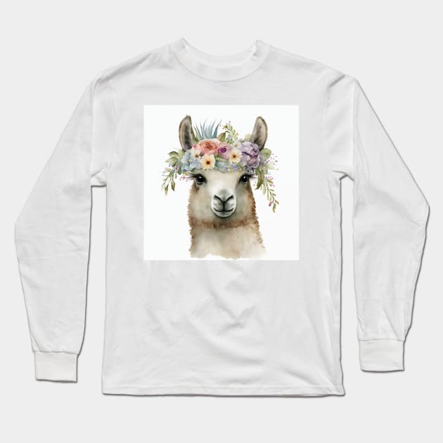 Single llama watercolor close up with flower headband crown Long Sleeve T-Shirt by Danielleroyer